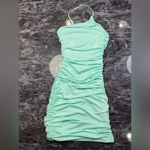 Gina Shoulder Mesh Bodycon in Aqua